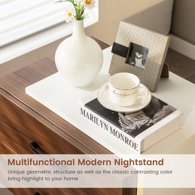 Modern nightstand with two drawers in brown, featuring a wide top and geometric design, perfect for bedroom or living.